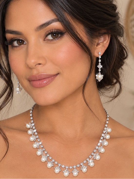 Jewelry - Fashion jewelry diamond and pearl earrings and necklace adjustable chain